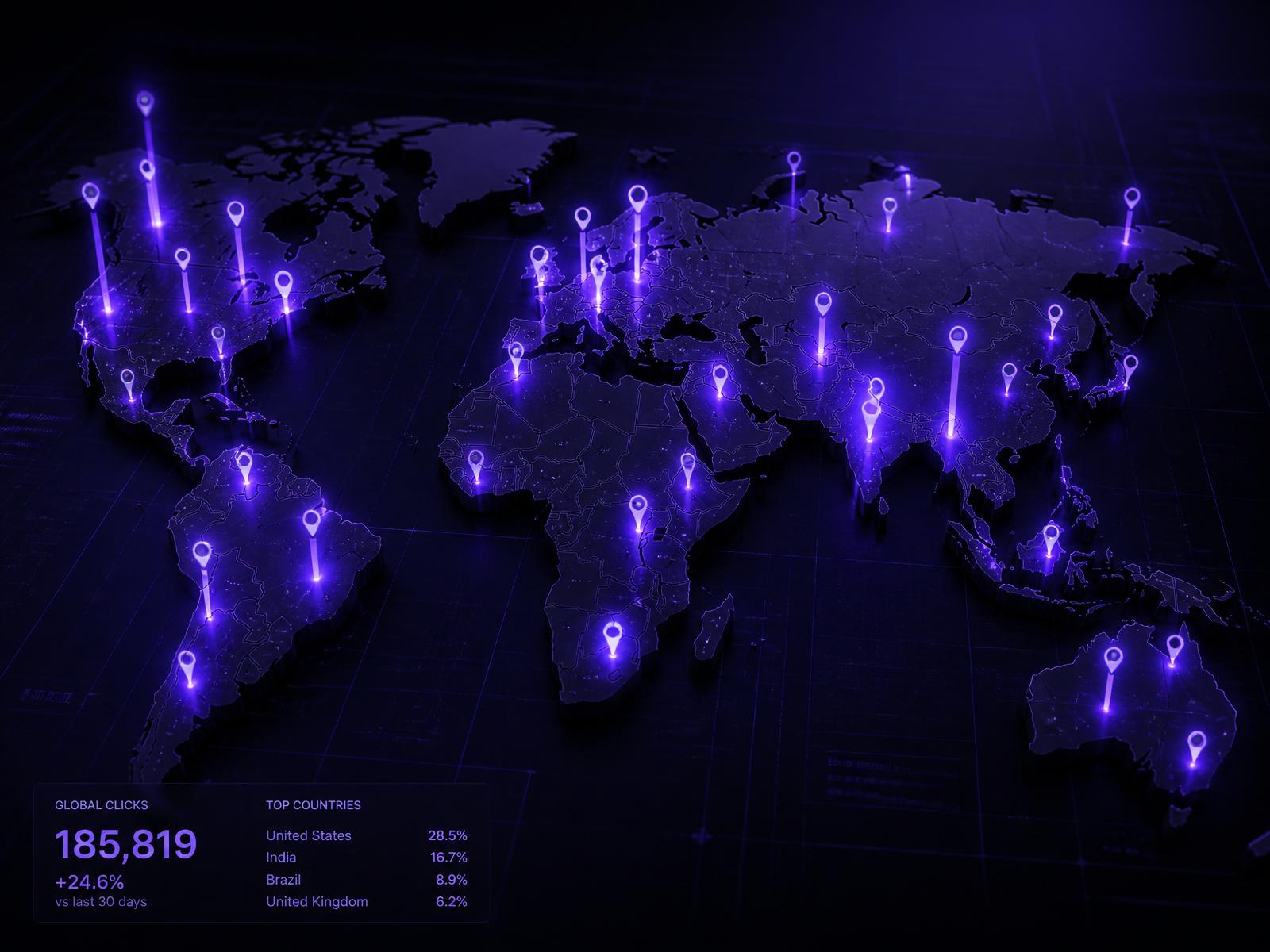 World map with glowing purple click pins across continents